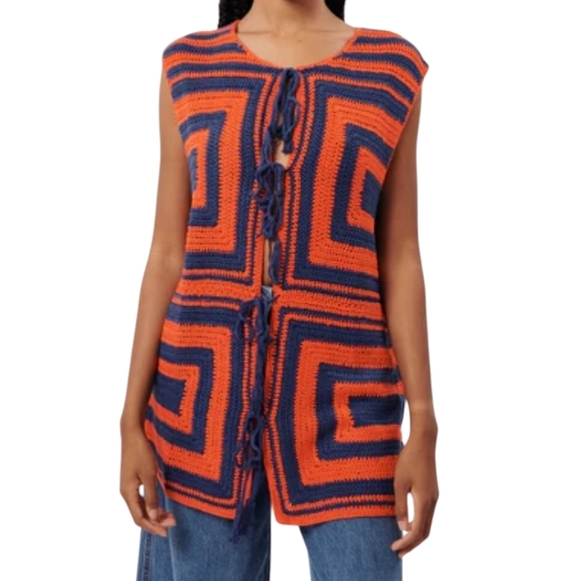 FRNCH NWT Cybille Sleeveless Crochet Jacket Vibrant Orange and Blue Knit Medium - Picture 16 of 16